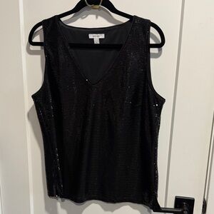 Nine West Black Sequin V Neck Sleeveless Blouse EUC